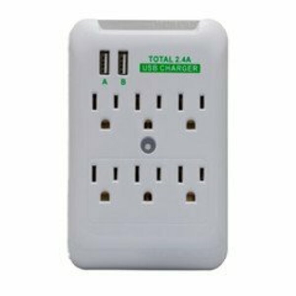 Swe-Tech 3C 6-Outlet Surge Protector Wall Tap with Dual USB A Charging Ports - 2.4A Total, White FWT50W1-30101
